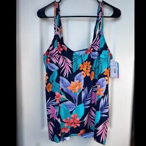 Swim Solutions Hi Low Tankini Swim Top Navy Tropical Print Size 16 NWT